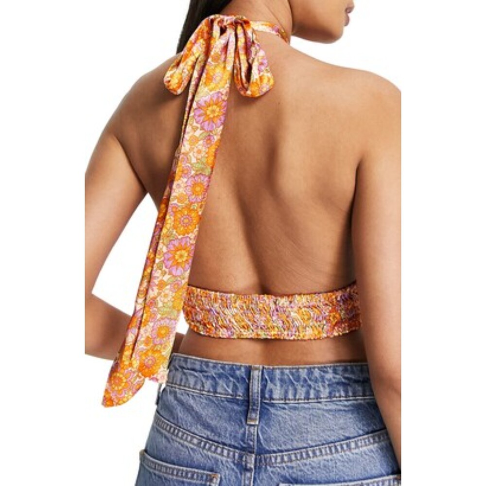Topshop Floral Halter Crop Top in Pink and Orange - Picture 4 of 9